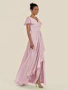 KissDress-Corin Candy Pink A Line Chiffon V Neck Long Bridesmaid Dress with Flutter Sleeves
