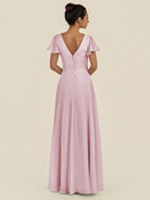 KissDress-Corin Candy Pink A Line Chiffon V Neck Long Bridesmaid Dress with Flutter Sleeves