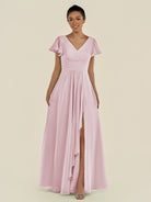 KissDress-Corin Candy Pink A Line Chiffon V Neck Long Bridesmaid Dress with Flutter Sleeves
