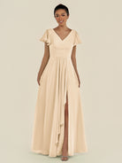 KissDress-Corin Champagne A Line Chiffon V Neck Long Bridesmaid Dress with Flutter Sleeves