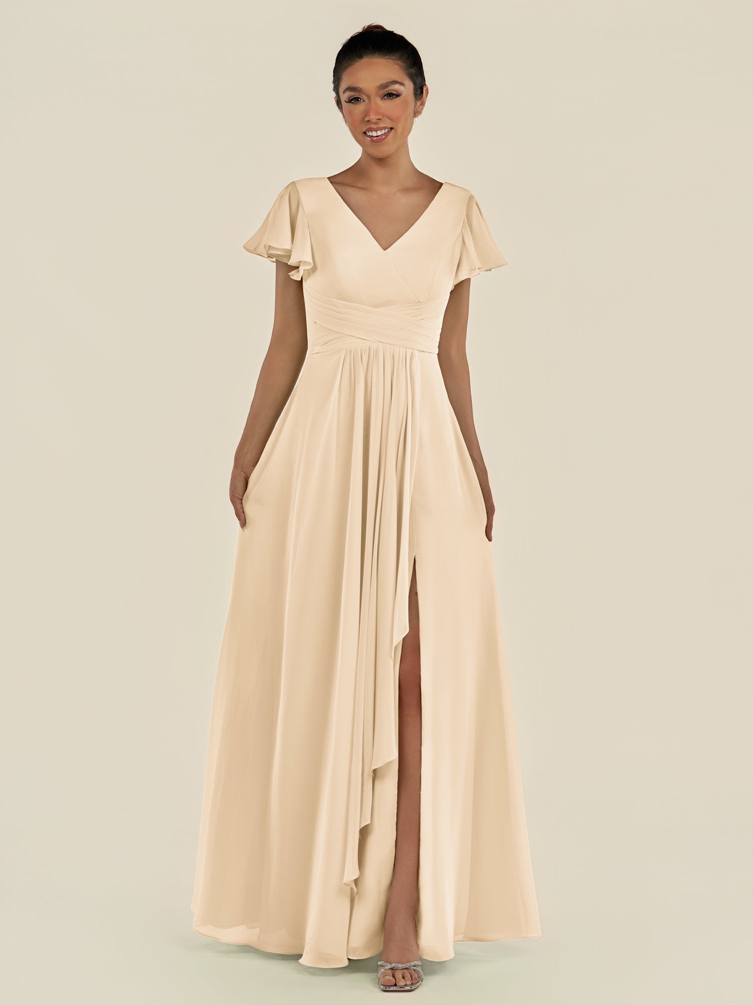 KissDress-Corin Champagne A Line Chiffon V Neck Long Bridesmaid Dress with Flutter Sleeves