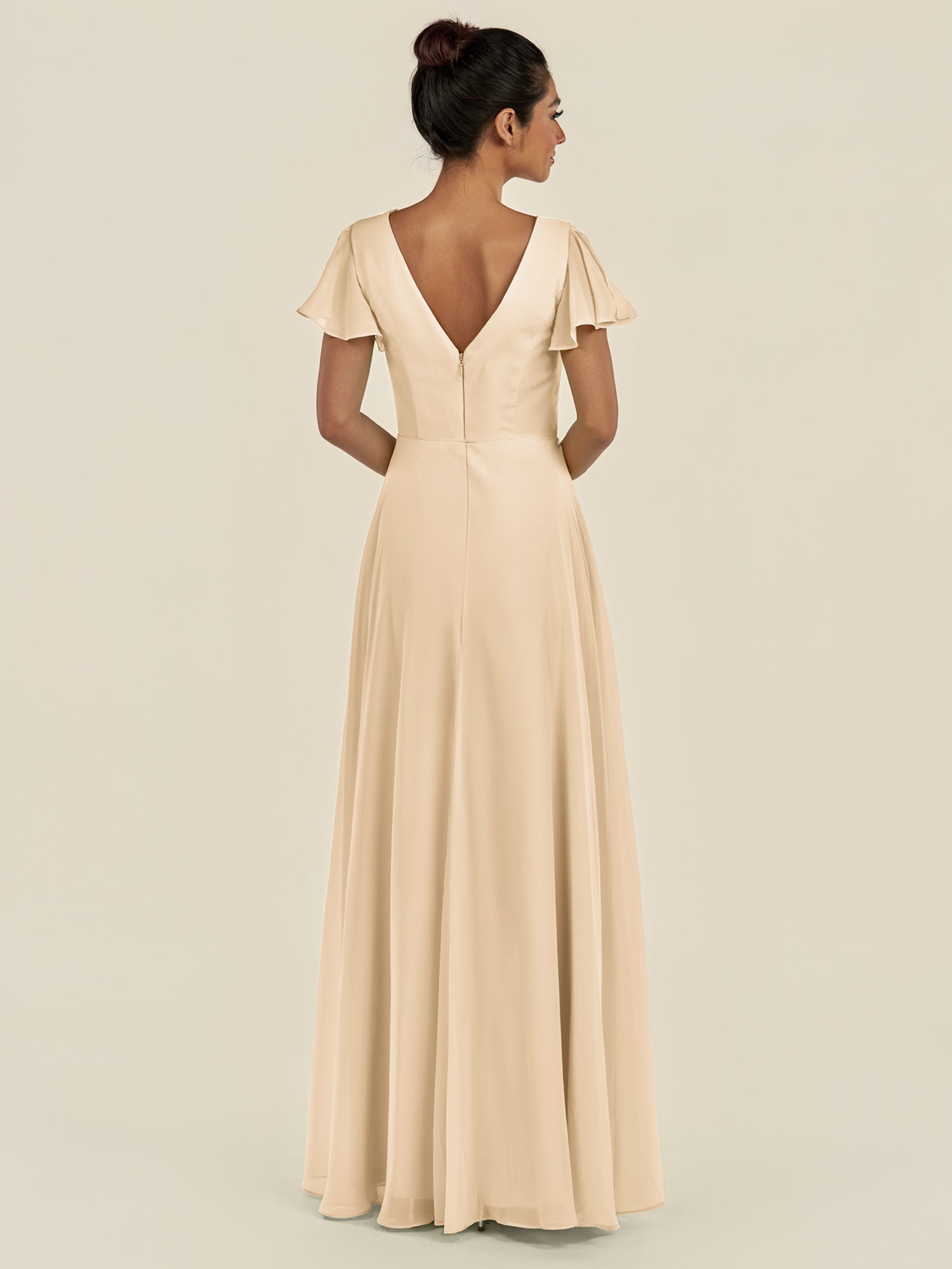 KissDress-Corin Champagne A Line Chiffon V Neck Long Bridesmaid Dress with Flutter Sleeves