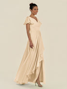 KissDress-Corin Champagne A Line Chiffon V Neck Long Bridesmaid Dress with Flutter Sleeves