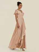 KissDress-Corin Champagne Rose A Line Chiffon V Neck Long Bridesmaid Dress with Flutter Sleeves