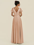 KissDress-Corin Champagne Rose A Line Chiffon V Neck Long Bridesmaid Dress with Flutter Sleeves