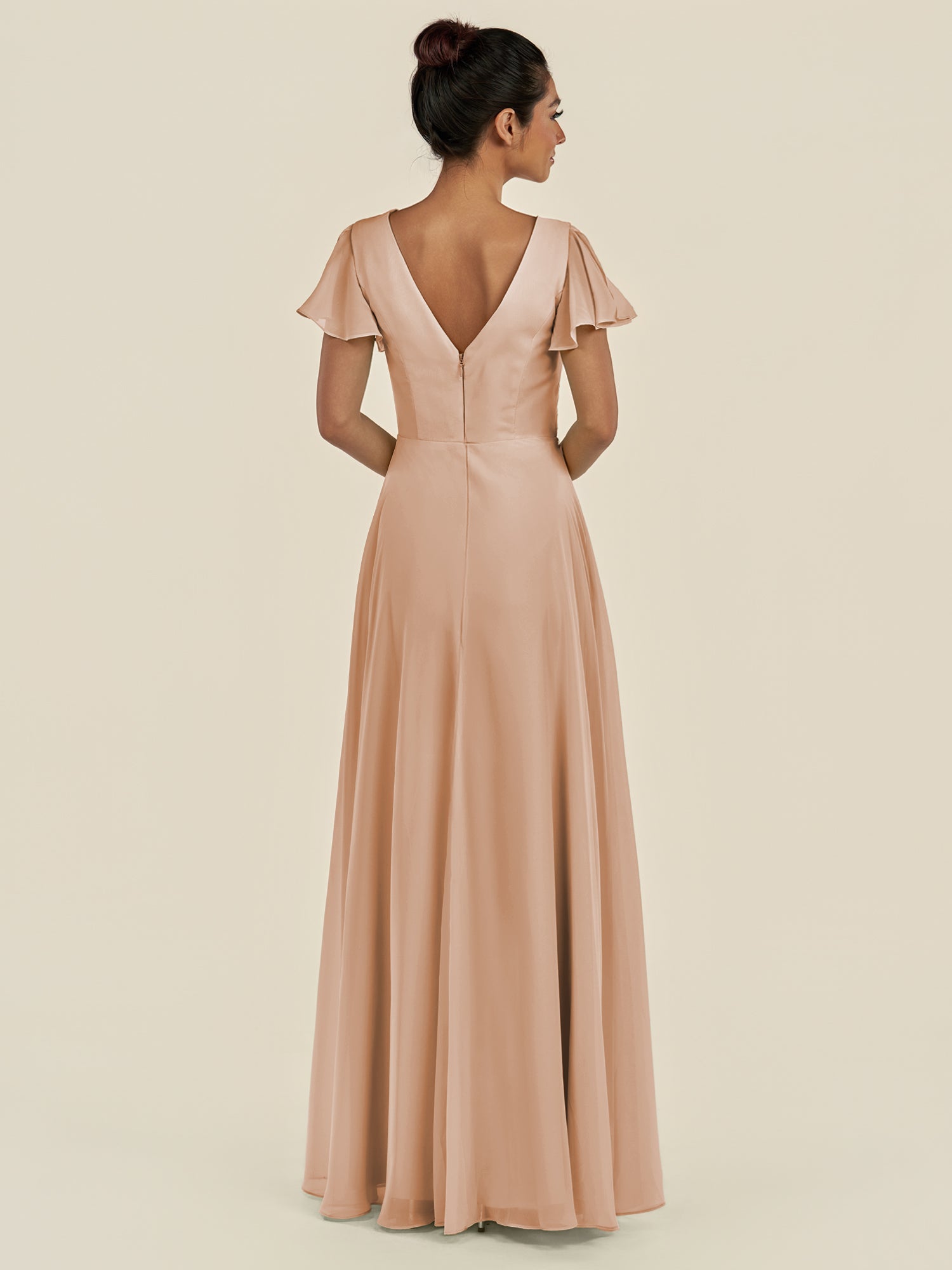 KissDress-Corin Champagne Rose A Line Chiffon V Neck Long Bridesmaid Dress with Flutter Sleeves
