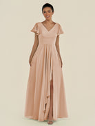 KissDress-Corin Champagne Rose A Line Chiffon V Neck Long Bridesmaid Dress with Flutter Sleeves