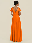 KissDress-Corin Cinnamon A Line Chiffon V Neck Long Bridesmaid Dress with Flutter Sleeves