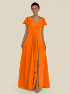 KissDress-Corin Cinnamon A Line Chiffon V Neck Long Bridesmaid Dress with Flutter Sleeves
