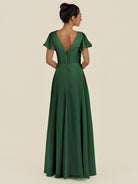 KissDress-Corin Dark Green A Line Chiffon V Neck Long Bridesmaid Dress with Flutter Sleeves