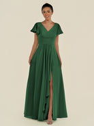 KissDress-Corin Dark Green A Line Chiffon V Neck Long Bridesmaid Dress with Flutter Sleeves