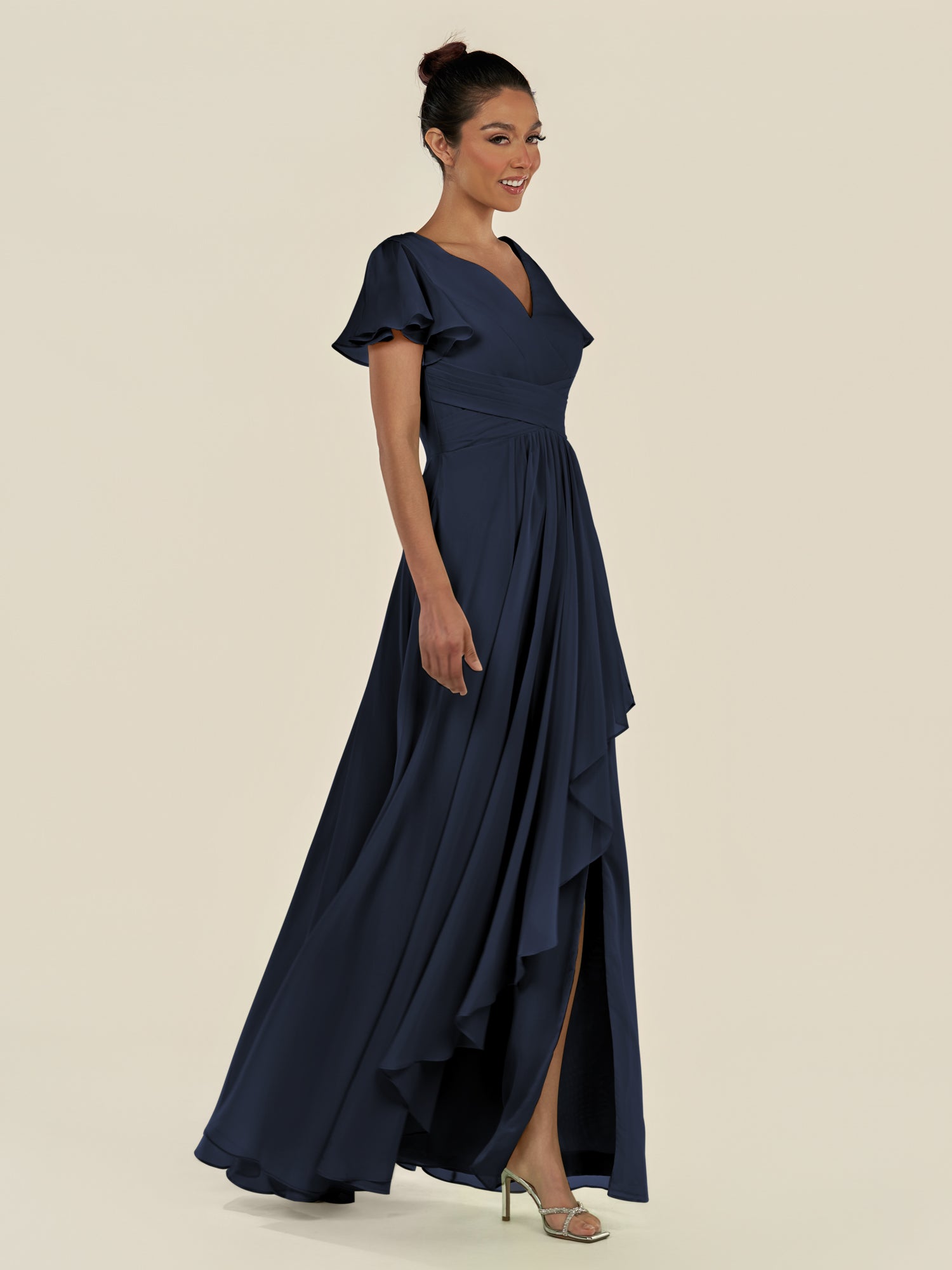 KissDress-Corin Dark Navy A Line Chiffon V Neck Long Bridesmaid Dress with Flutter Sleeves