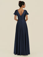 KissDress-Corin Dark Navy A Line Chiffon V Neck Long Bridesmaid Dress with Flutter Sleeves