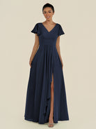 KissDress-Corin Dark Navy A Line Chiffon V Neck Long Bridesmaid Dress with Flutter Sleeves