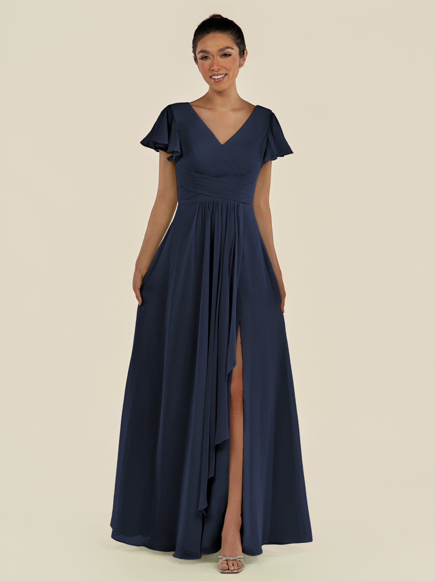 KissDress-Corin Dark Navy A Line Chiffon V Neck Long Bridesmaid Dress with Flutter Sleeves