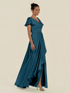 KissDress-Corin Dark Teal A Line Chiffon V Neck Long Bridesmaid Dress with Flutter Sleeves