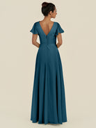 KissDress-Corin Dark Teal A Line Chiffon V Neck Long Bridesmaid Dress with Flutter Sleeves