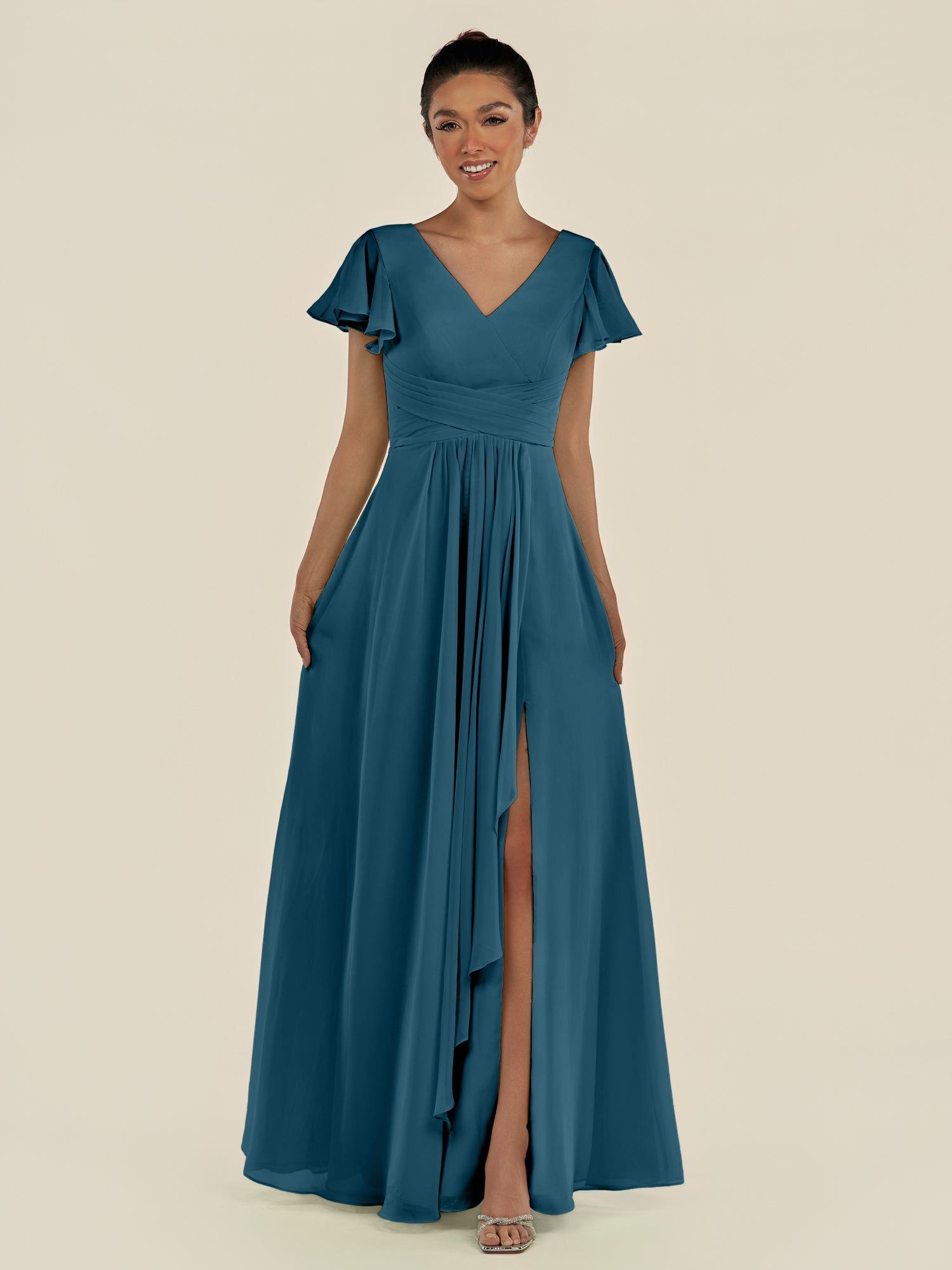 KissDress-Corin Dark Teal A Line Chiffon V Neck Long Bridesmaid Dress with Flutter Sleeves