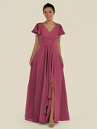 KissDress-Corin Desert Rose A Line Chiffon V Neck Long Bridesmaid Dress with Flutter Sleeves