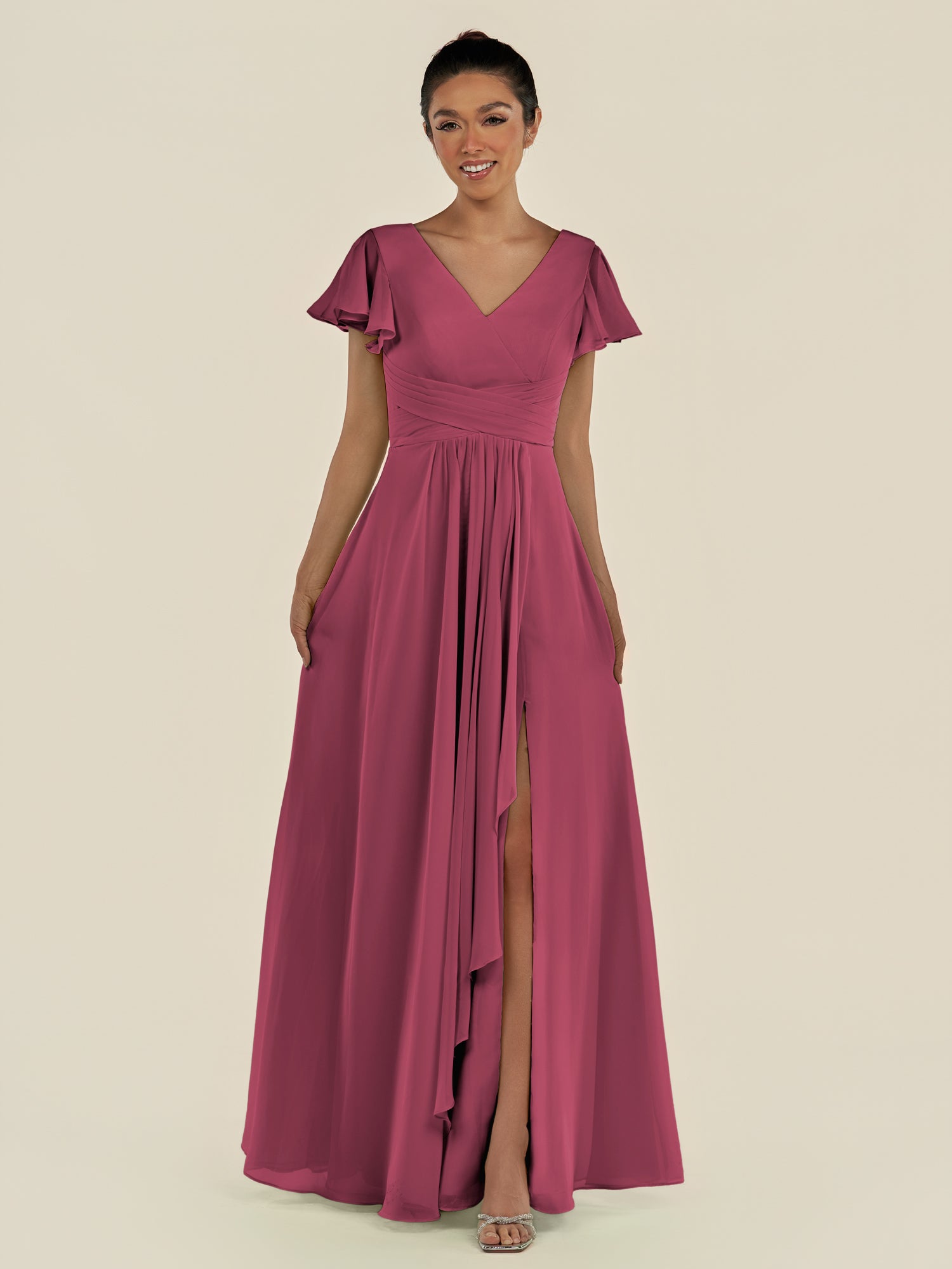KissDress-Corin Desert Rose A Line Chiffon V Neck Long Bridesmaid Dress with Flutter Sleeves