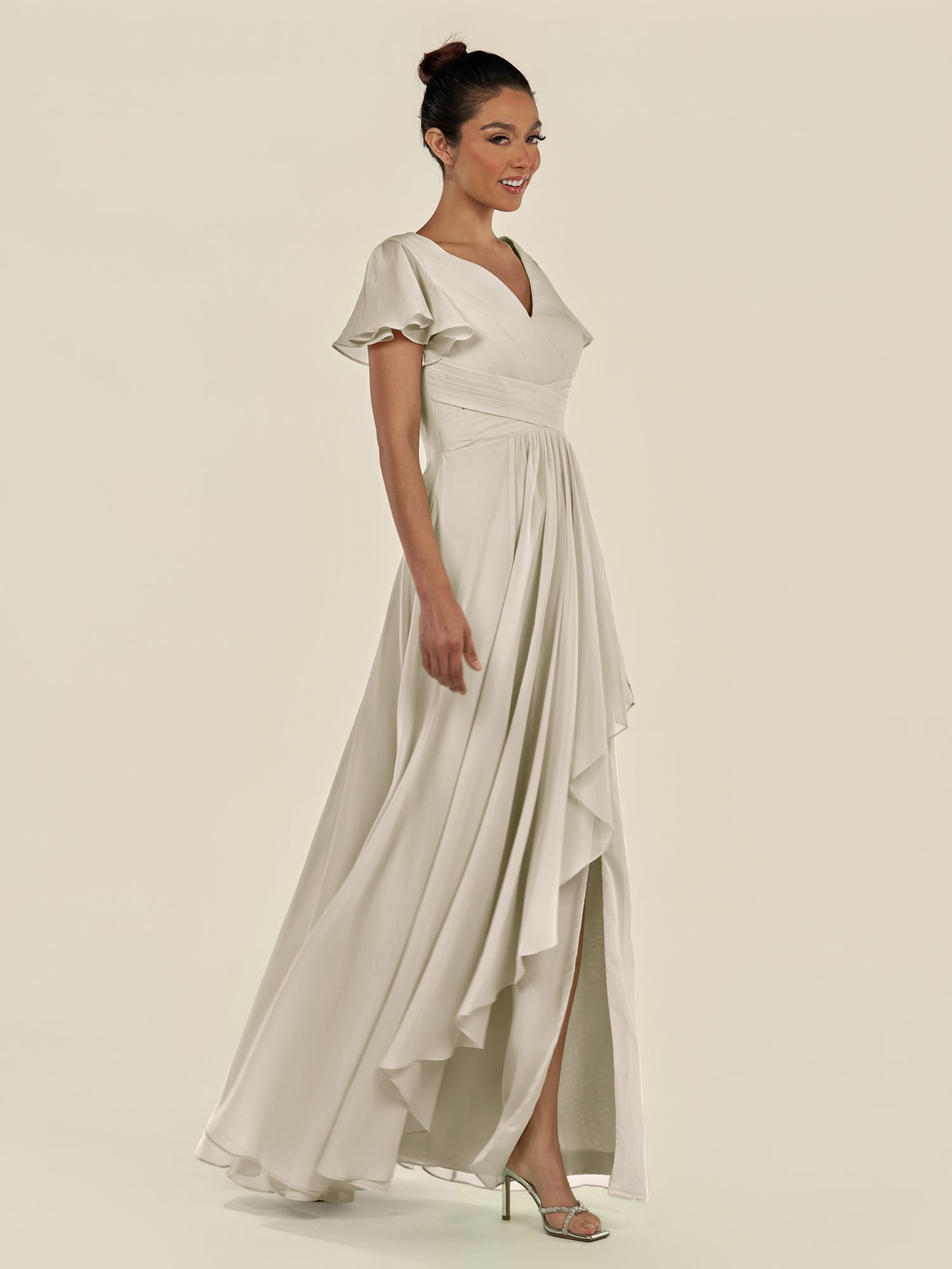 KissDress-Corin Dove Gray A Line Chiffon V Neck Long Bridesmaid Dress with Flutter Sleeves