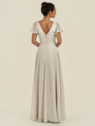 KissDress-Corin Dove Gray A Line Chiffon V Neck Long Bridesmaid Dress with Flutter Sleeves