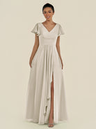 KissDress-Corin Dove Gray A Line Chiffon V Neck Long Bridesmaid Dress with Flutter Sleeves