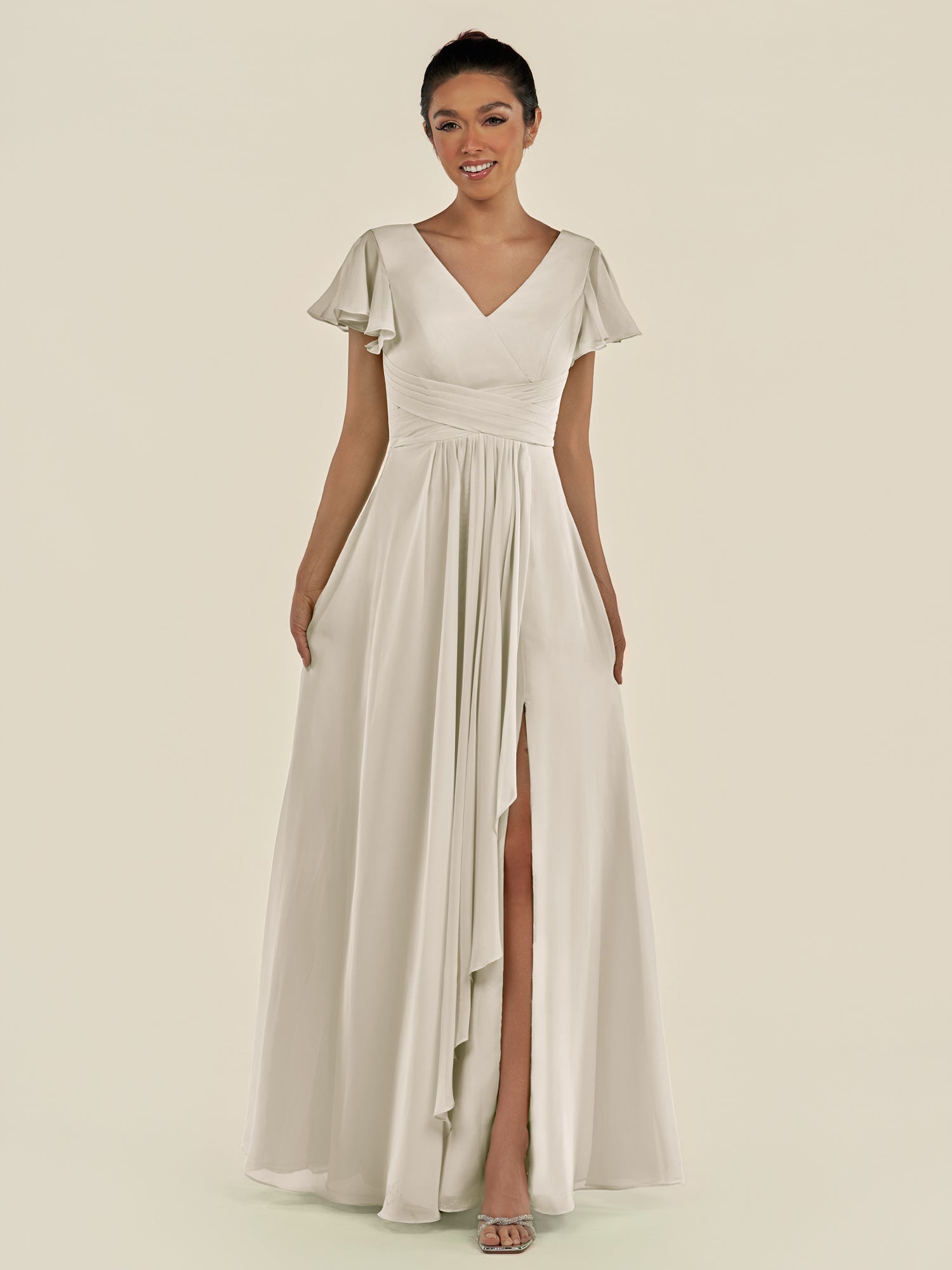 KissDress-Corin Dove Gray A Line Chiffon V Neck Long Bridesmaid Dress with Flutter Sleeves