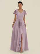 KissDress-Corin Dusk A Line Chiffon V Neck Long Bridesmaid Dress with Flutter Sleeves