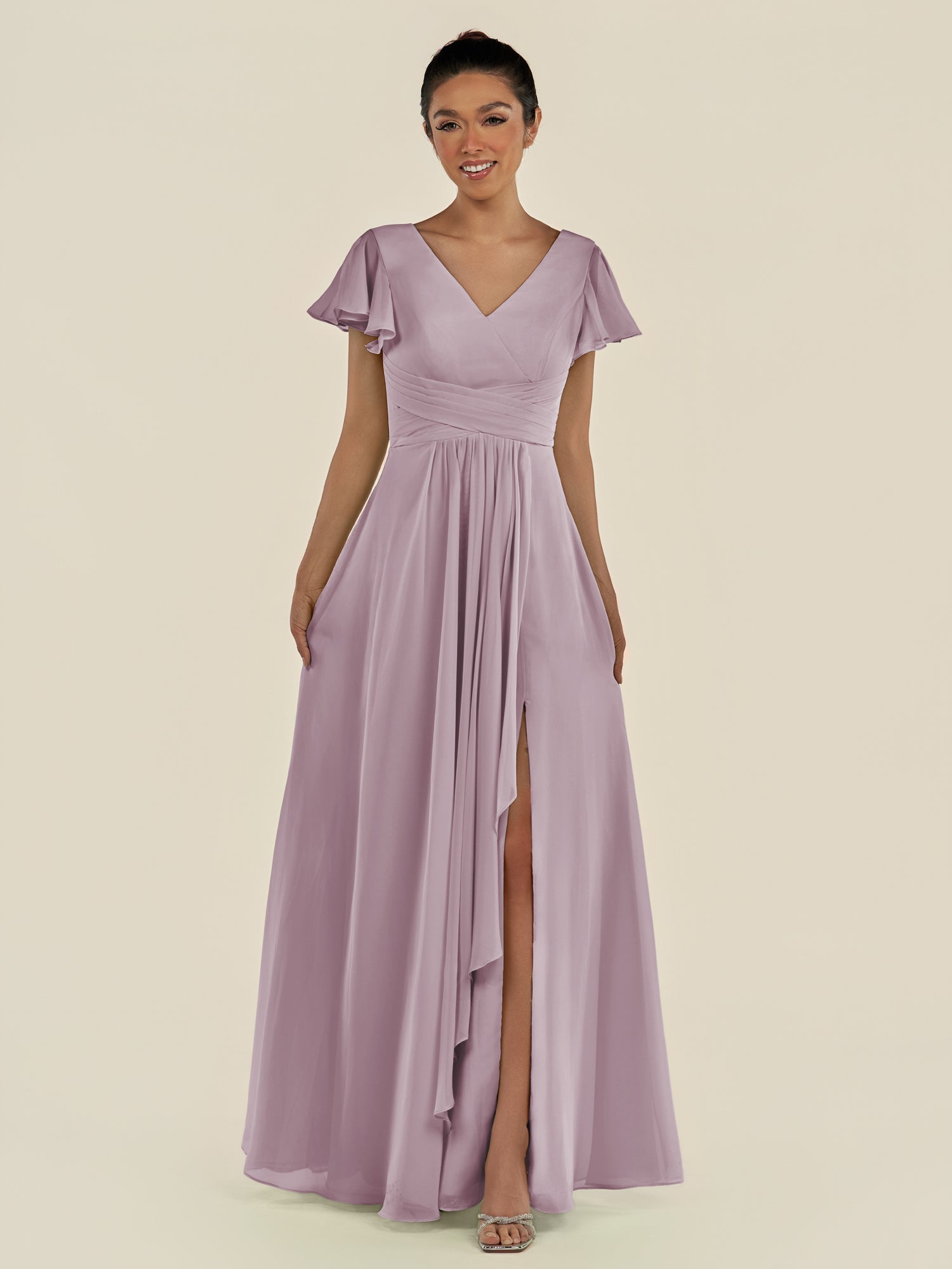KissDress-Corin Dusk A Line Chiffon V Neck Long Bridesmaid Dress with Flutter Sleeves