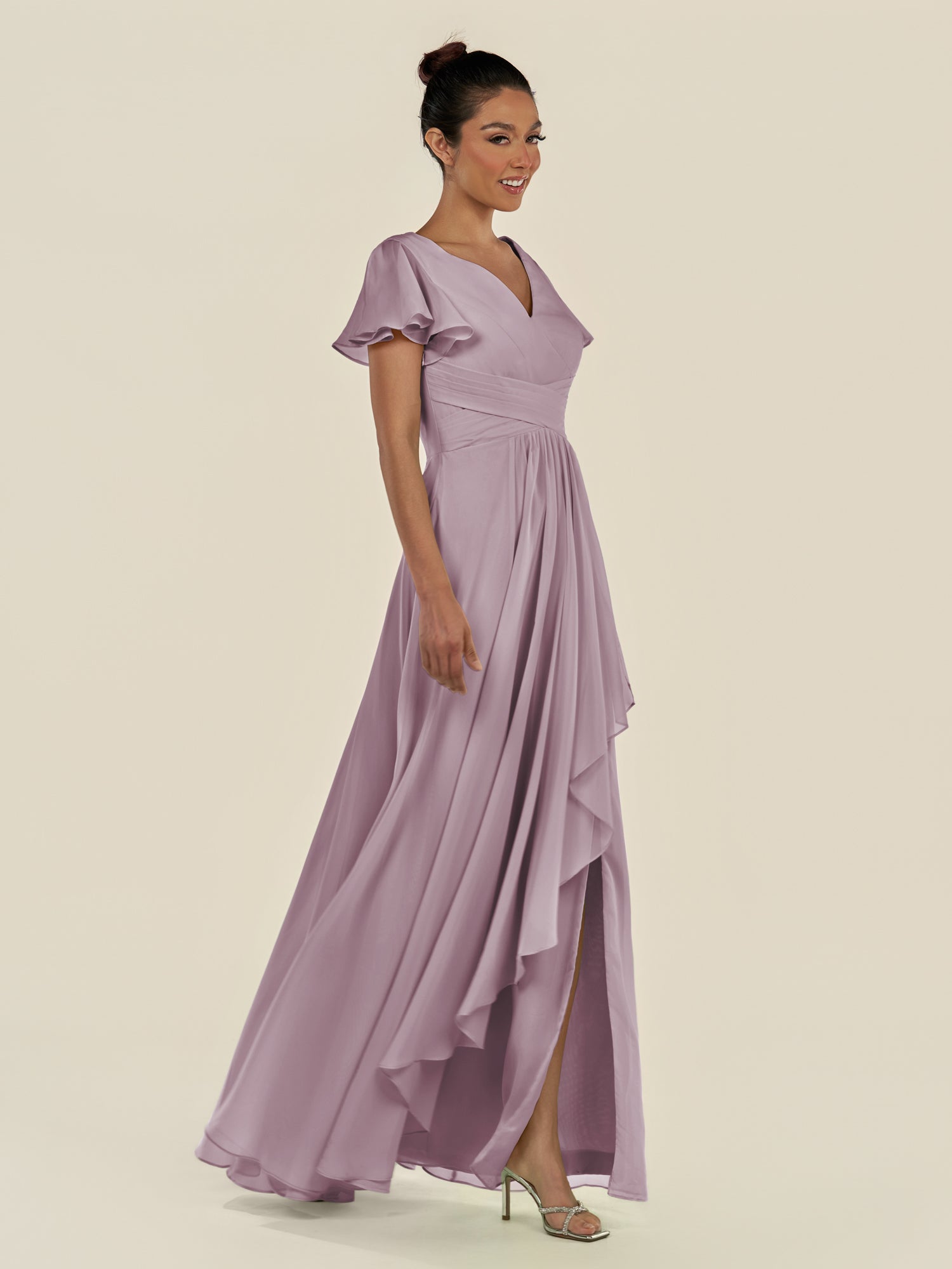 KissDress-Corin Dusk A Line Chiffon V Neck Long Bridesmaid Dress with Flutter Sleeves