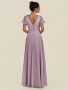 KissDress-Corin Dusk A Line Chiffon V Neck Long Bridesmaid Dress with Flutter Sleeves