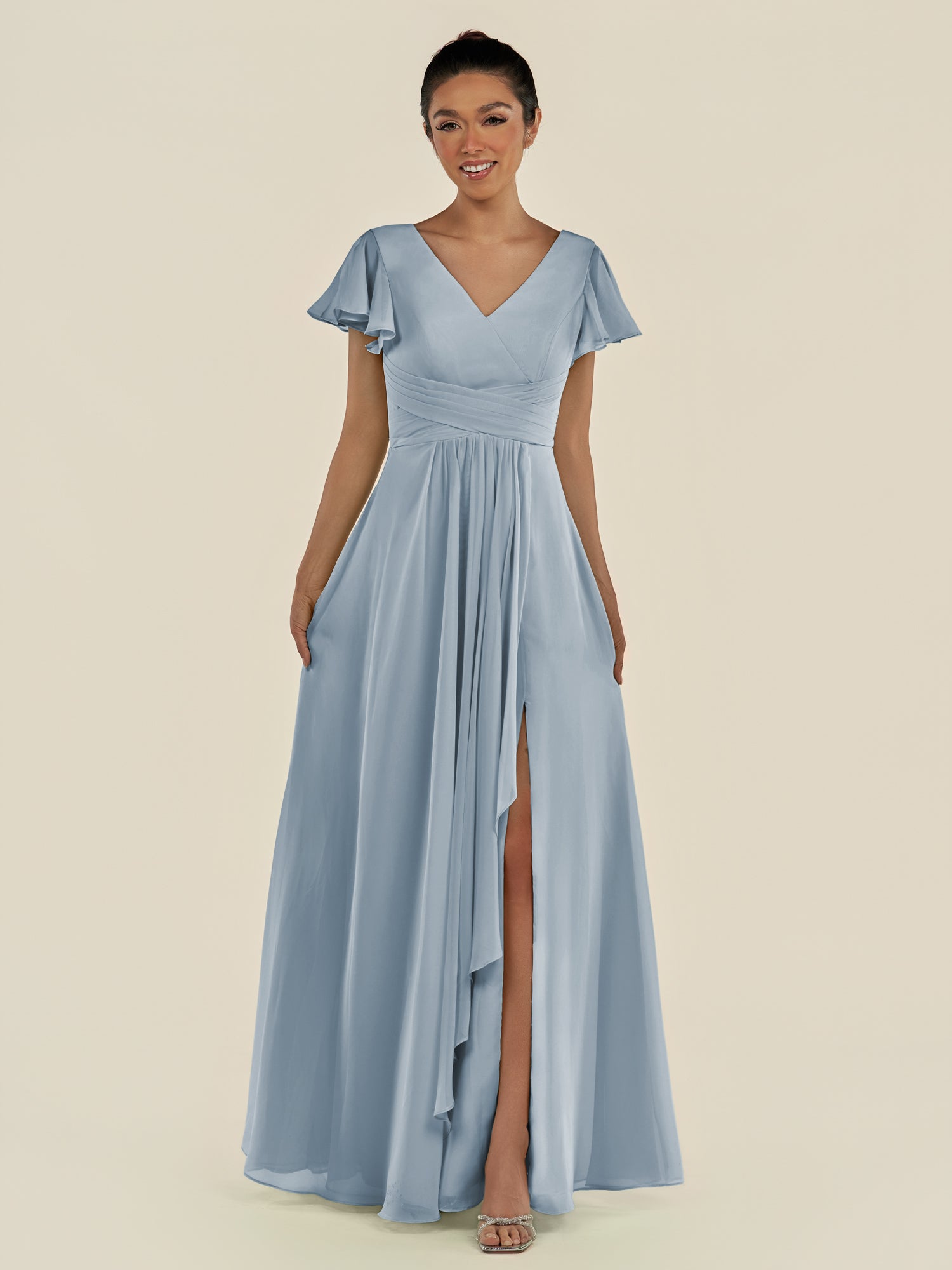 KissDress-Corin Dusty Blue A Line Chiffon V Neck Long Bridesmaid Dress with Flutter Sleeves