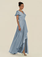 KissDress-Corin Dusty Blue A Line Chiffon V Neck Long Bridesmaid Dress with Flutter Sleeves