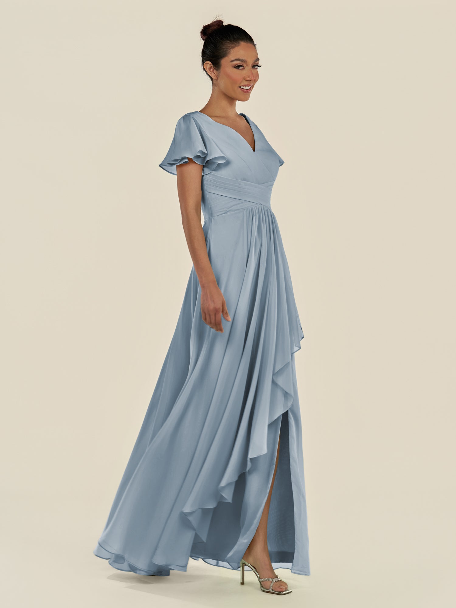 KissDress-Corin Dusty Blue A Line Chiffon V Neck Long Bridesmaid Dress with Flutter Sleeves