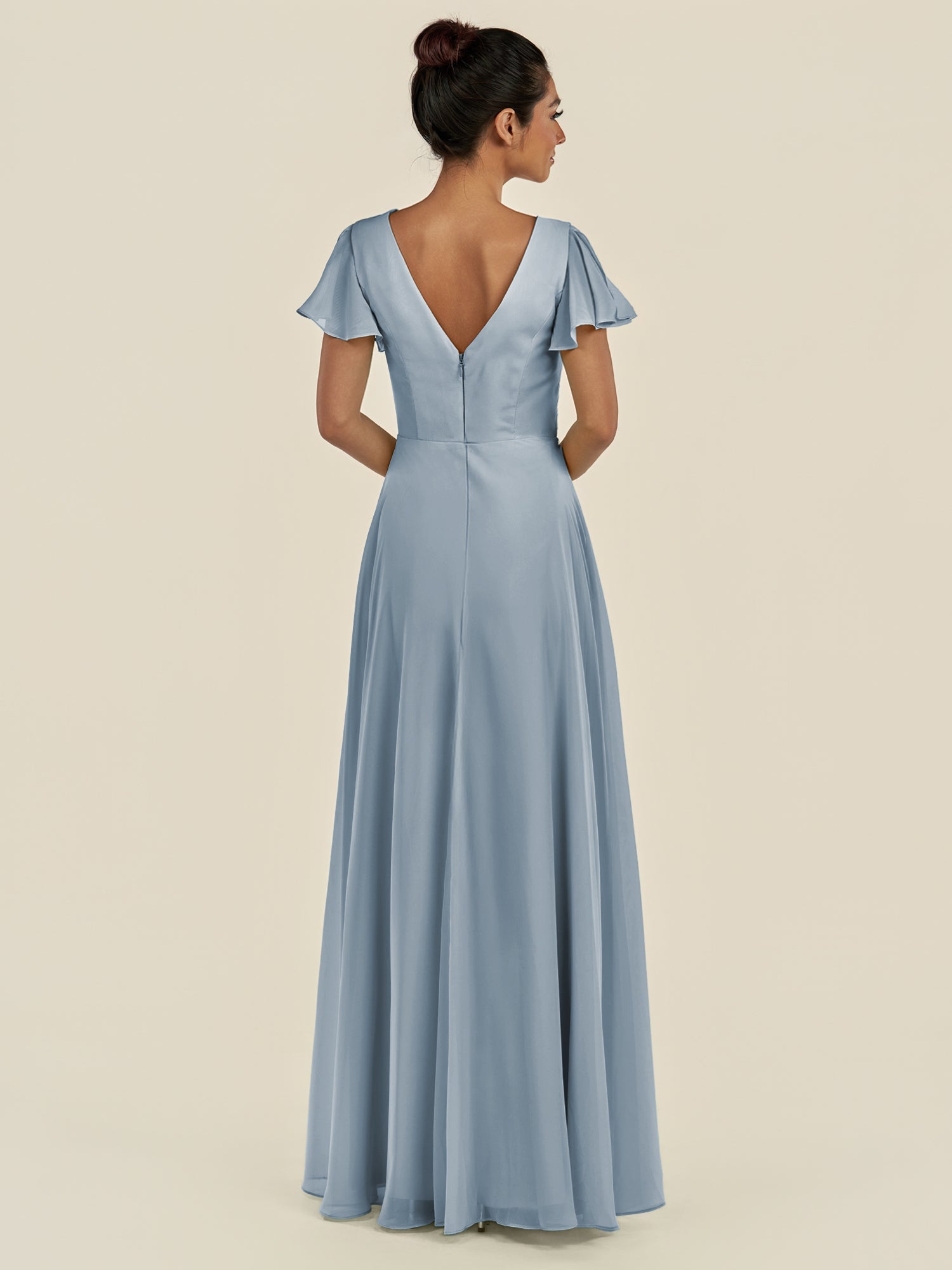KissDress-Corin Dusty Blue A Line Chiffon V Neck Long Bridesmaid Dress with Flutter Sleeves