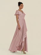 KissDress-Corin Dusty Rose A Line Chiffon V Neck Long Bridesmaid Dress with Flutter Sleeves