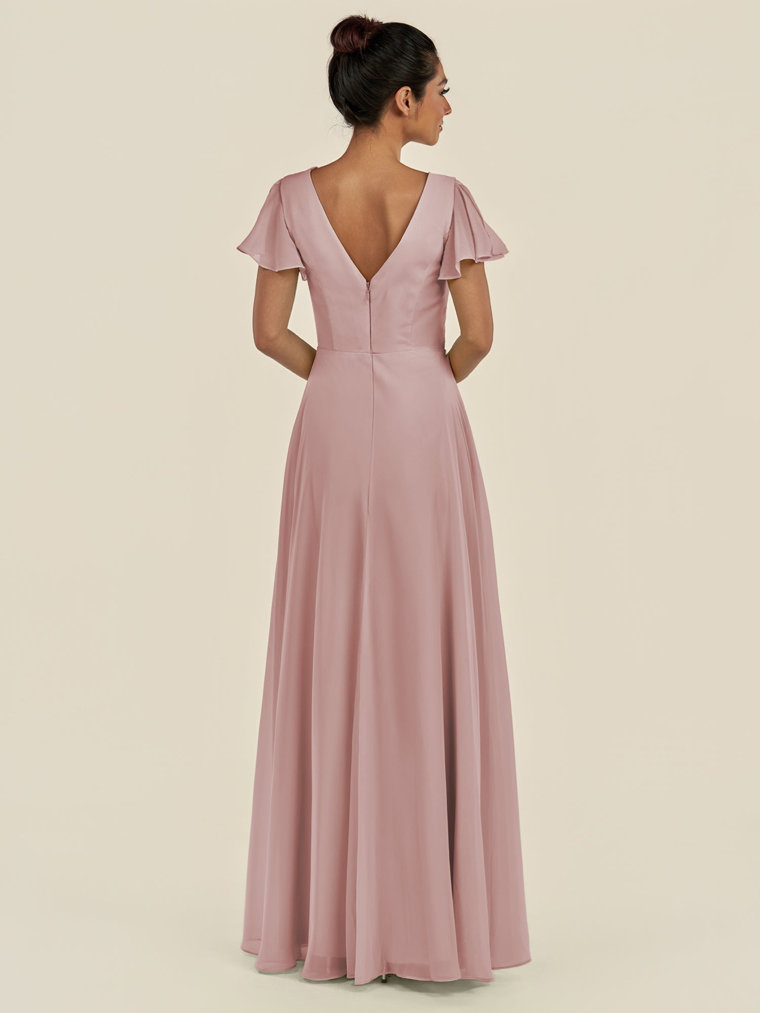 KissDress-Corin Dusty Rose A Line Chiffon V Neck Long Bridesmaid Dress with Flutter Sleeves