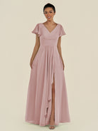 KissDress-Corin Dusty Rose A Line Chiffon V Neck Long Bridesmaid Dress with Flutter Sleeves