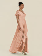 KissDress-Corin English Rose A Line Chiffon V Neck Long Bridesmaid Dress with Flutter Sleeves