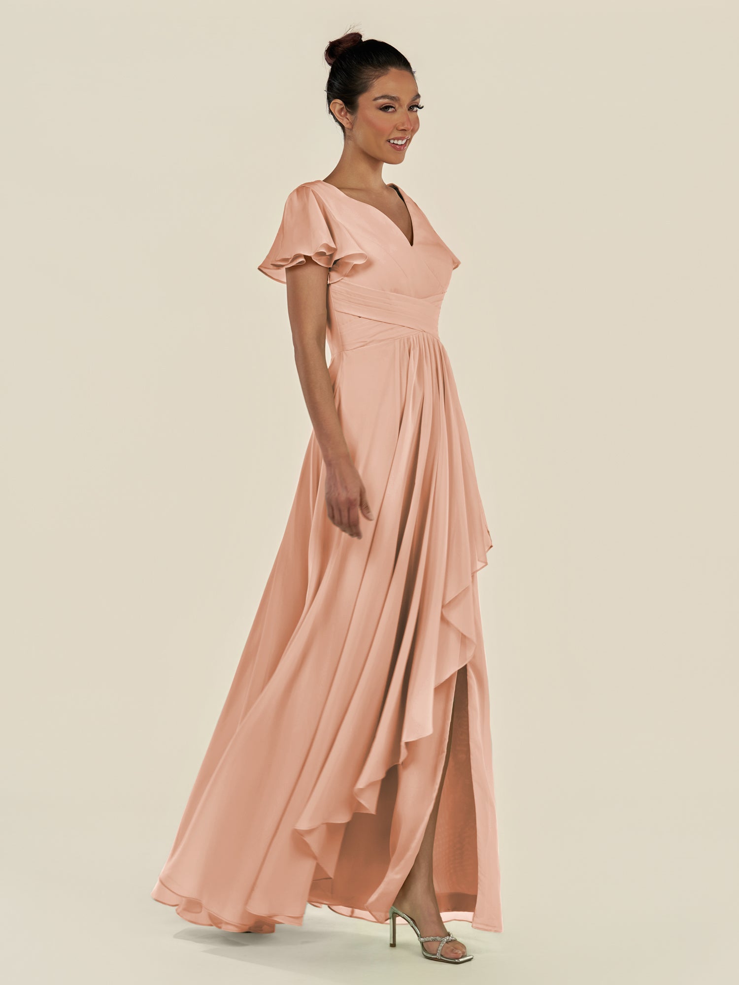 KissDress-Corin English Rose A Line Chiffon V Neck Long Bridesmaid Dress with Flutter Sleeves
