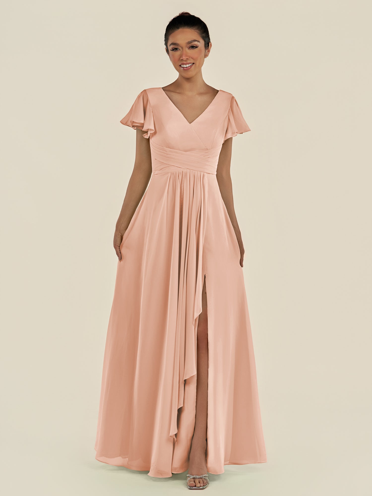 KissDress-Corin English Rose A Line Chiffon V Neck Long Bridesmaid Dress with Flutter Sleeves
