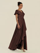 KissDress-Corin Espresso A Line Chiffon V Neck Long Bridesmaid Dress with Flutter Sleeves