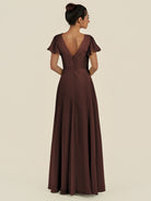 KissDress-Corin Espresso A Line Chiffon V Neck Long Bridesmaid Dress with Flutter Sleeves