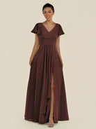 KissDress-Corin Espresso A Line Chiffon V Neck Long Bridesmaid Dress with Flutter Sleeves