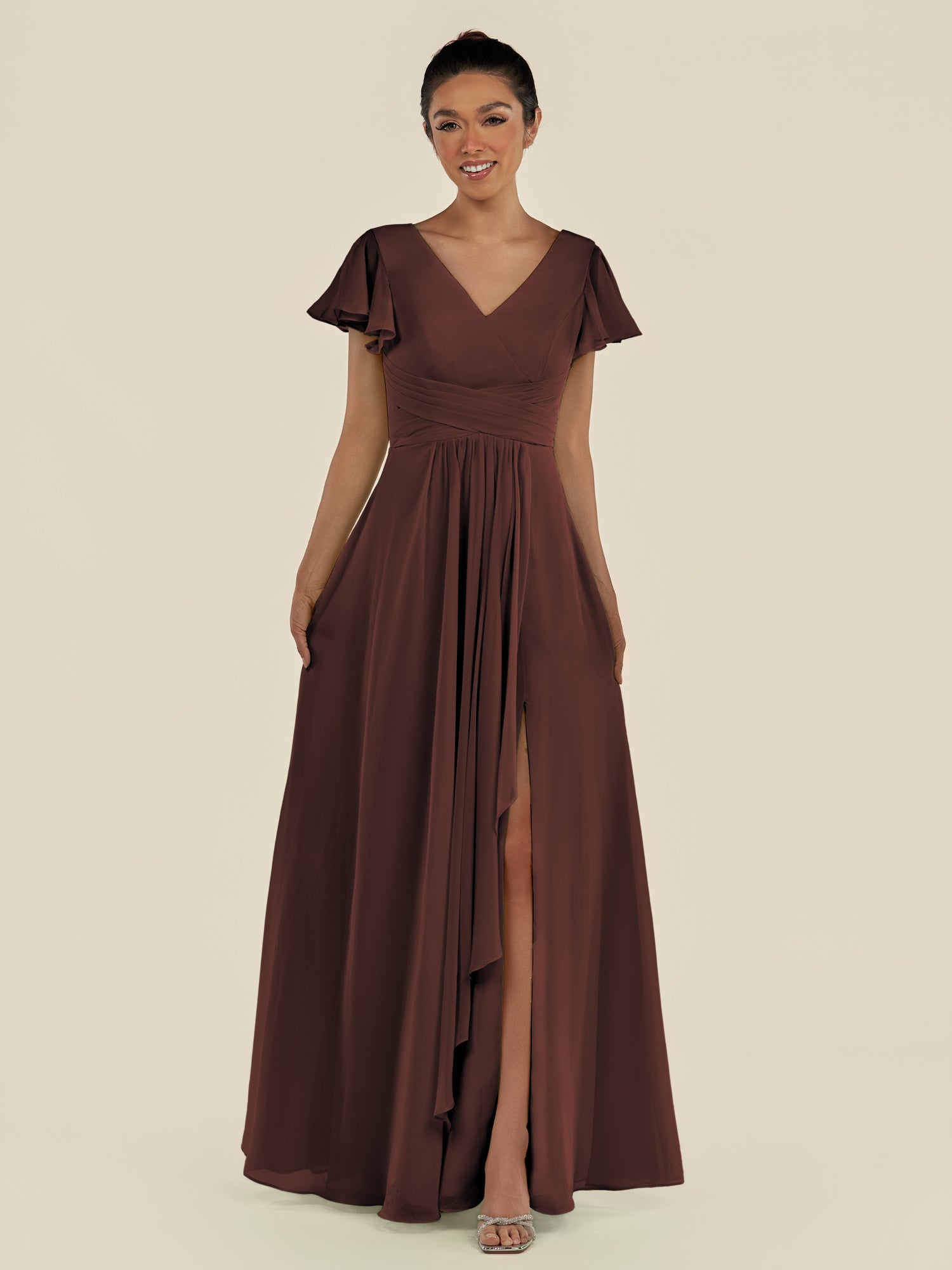 KissDress-Corin Espresso A Line Chiffon V Neck Long Bridesmaid Dress with Flutter Sleeves