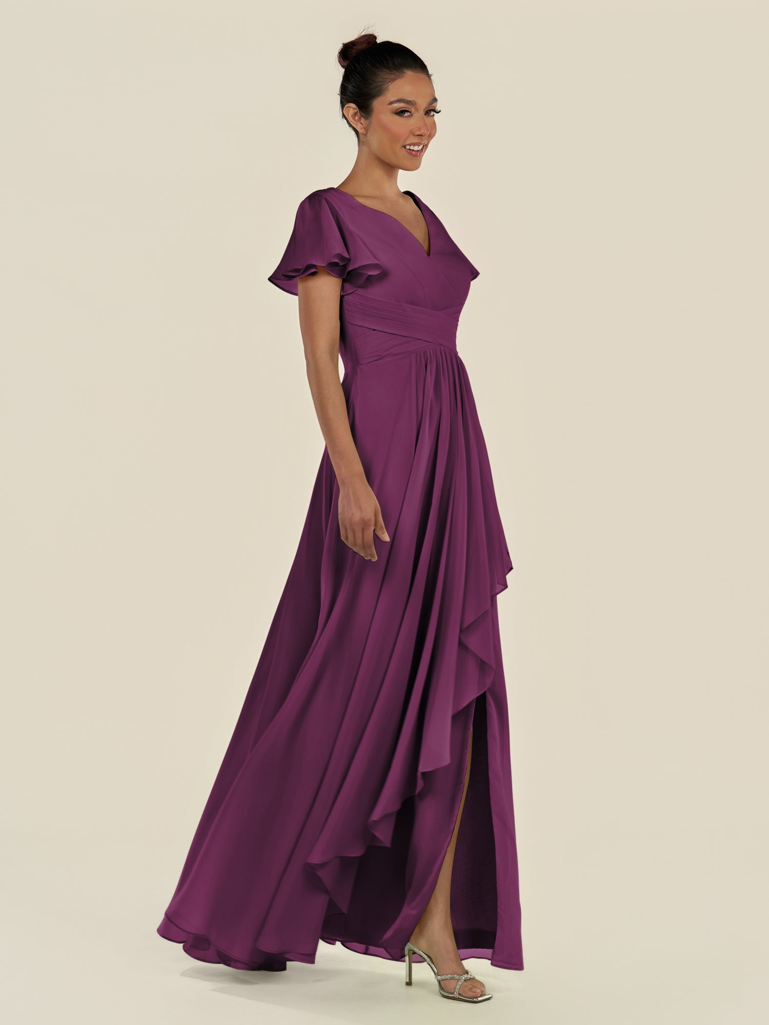 KissDress-Corin Fig A Line Chiffon V Neck Long Bridesmaid Dress with Flutter Sleeves