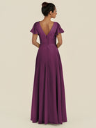 KissDress-Corin Fig A Line Chiffon V Neck Long Bridesmaid Dress with Flutter Sleeves
