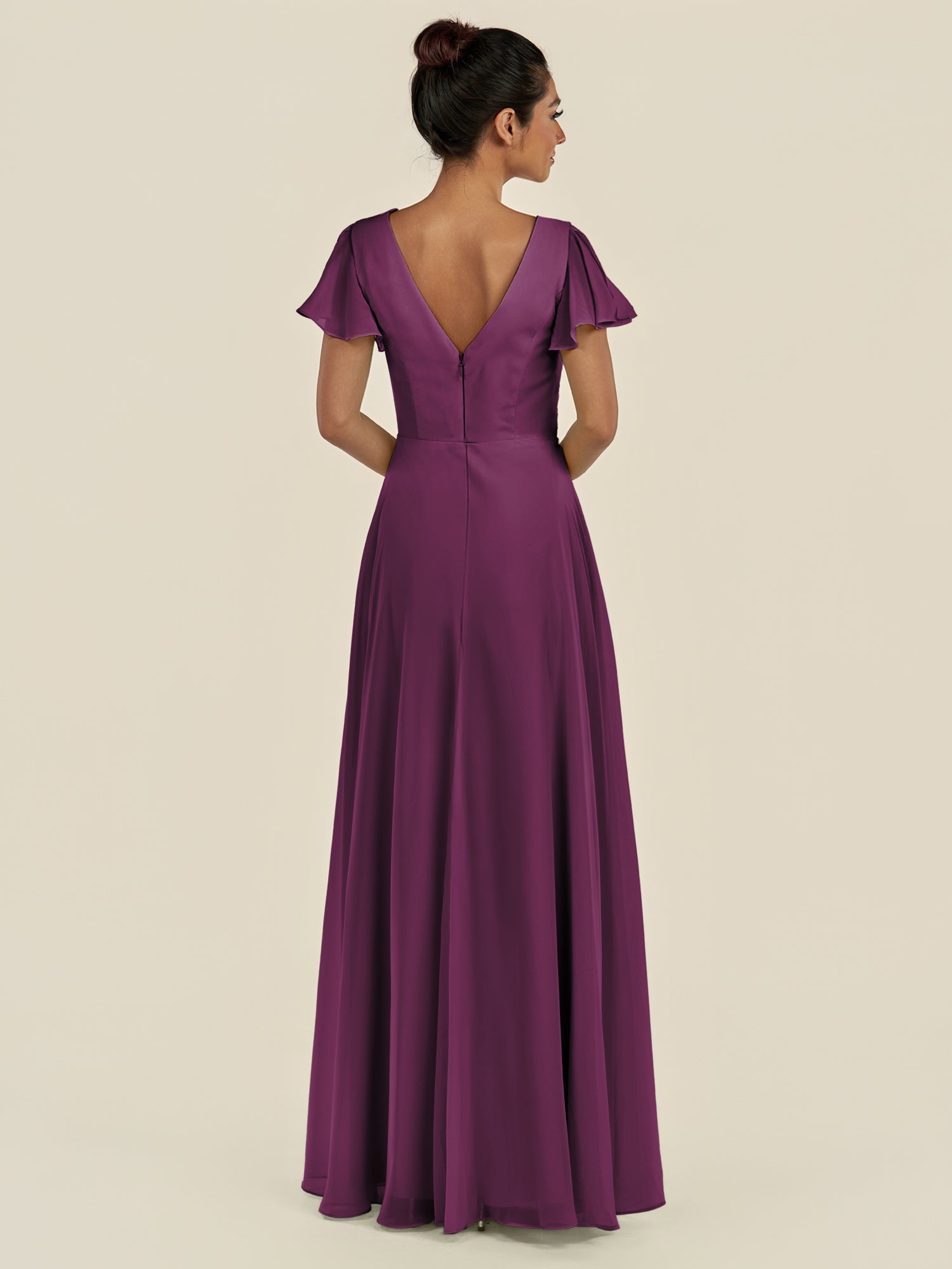 KissDress-Corin Fig A Line Chiffon V Neck Long Bridesmaid Dress with Flutter Sleeves
