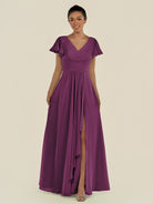 KissDress-Corin Fig A Line Chiffon V Neck Long Bridesmaid Dress with Flutter Sleeves